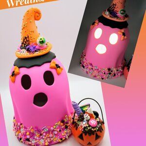 Lighted Halloween Ghost with Witch Hat & Pumpkin Pail – Glow-in-the-Dark Spooky